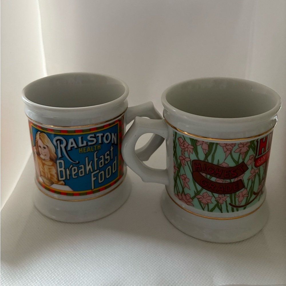 Pair of Vintage Corner Store Porcelain Mugs Ralston and Hills Bro